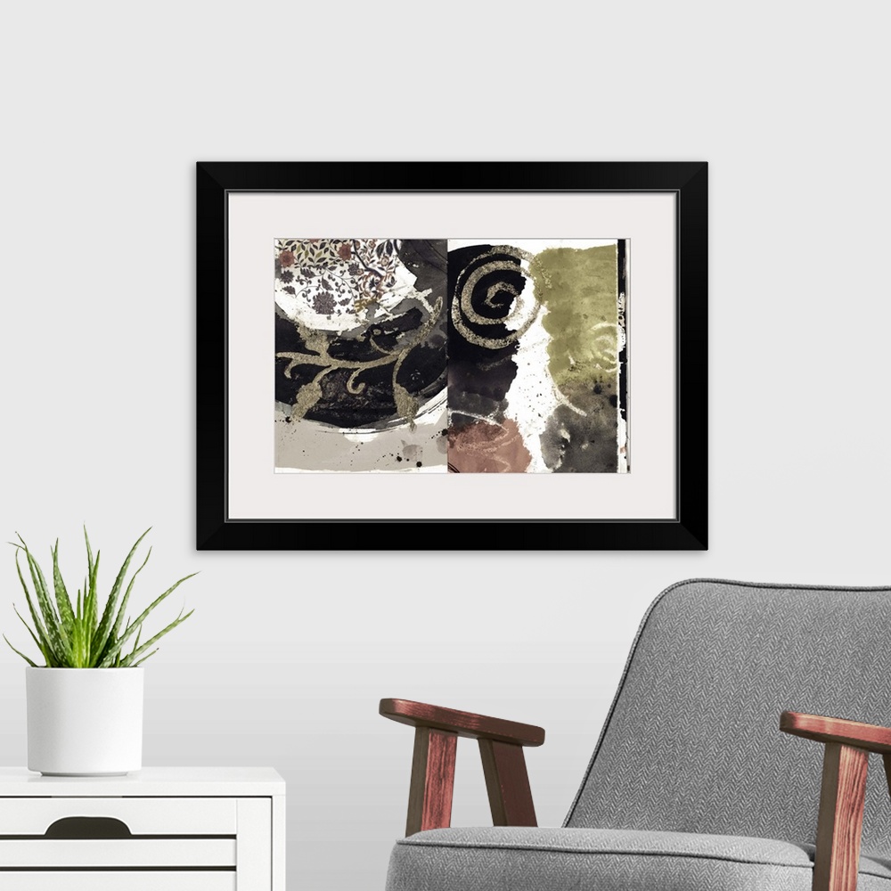 A modern room featuring Dramatic abstract with flowing shapes and neutral metallics that make a decor statement!