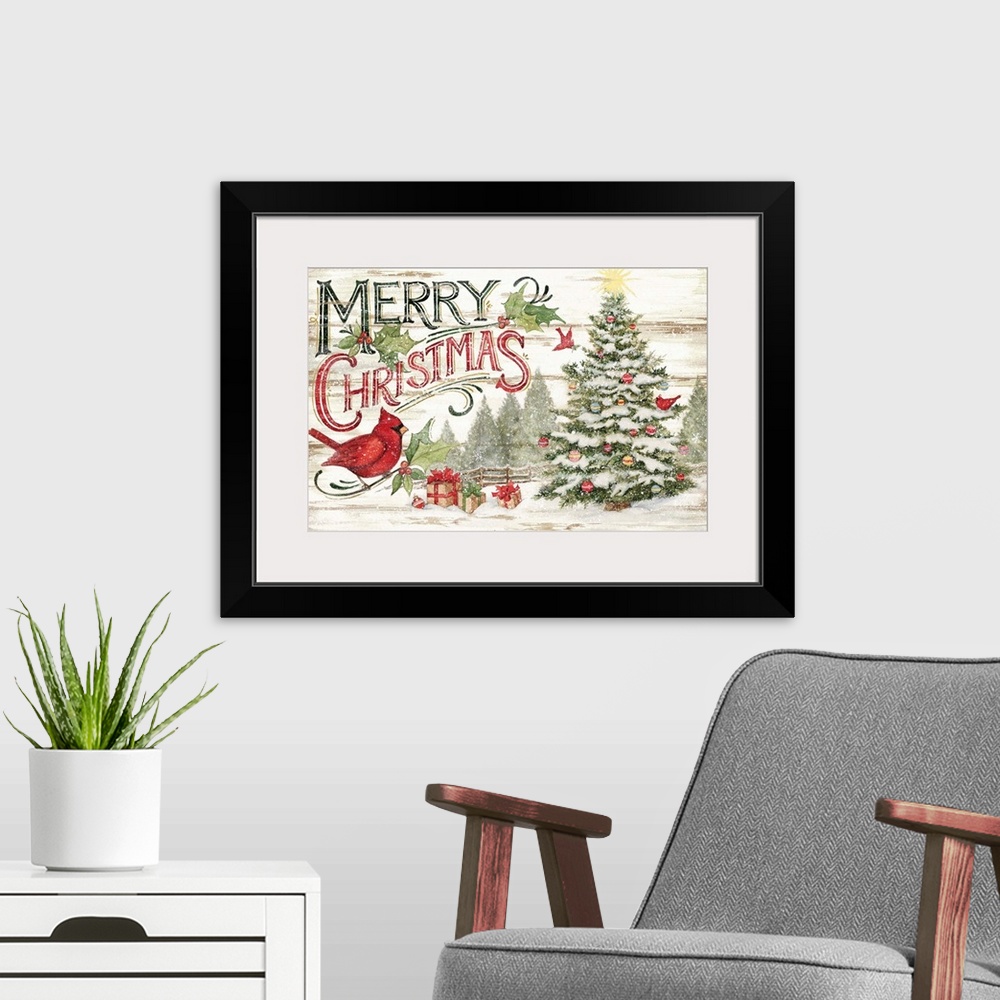 A modern room featuring A vintage Merry Christmas sign captures a classic holiday look.