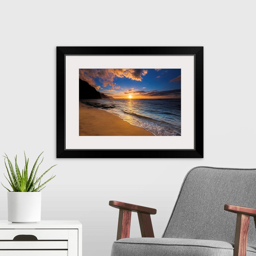 A modern room featuring Sunset over the Na Pali Coast from Ke'e Beach, Haena State Park, Kauai, Hawaii USA