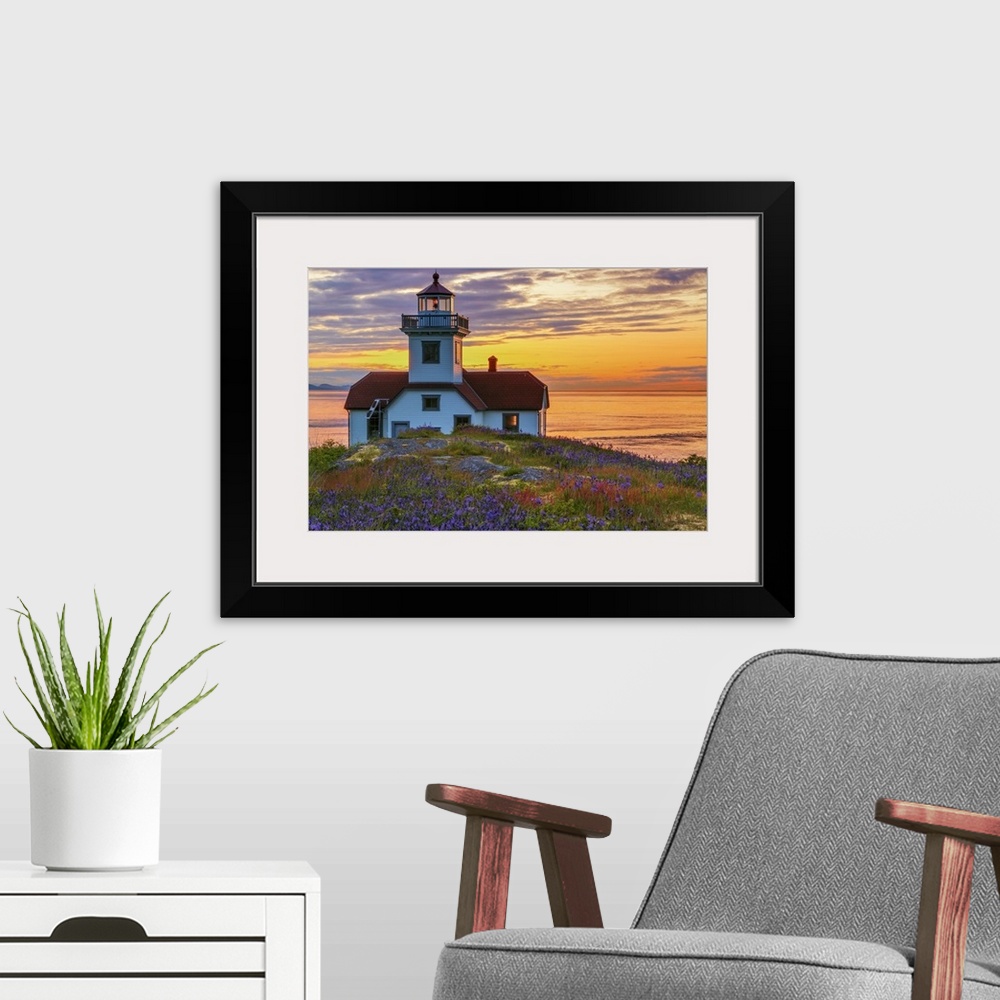 A modern room featuring USA, Washington, San Juan Islands. Patos Lighthouse and camas flowers at sunset.