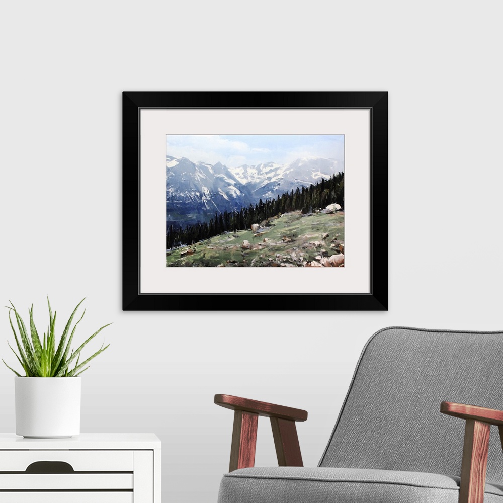 A modern room featuring Contemporary palette knife painting of a green valley under a blue sky in the Colorado Rocky Moun...