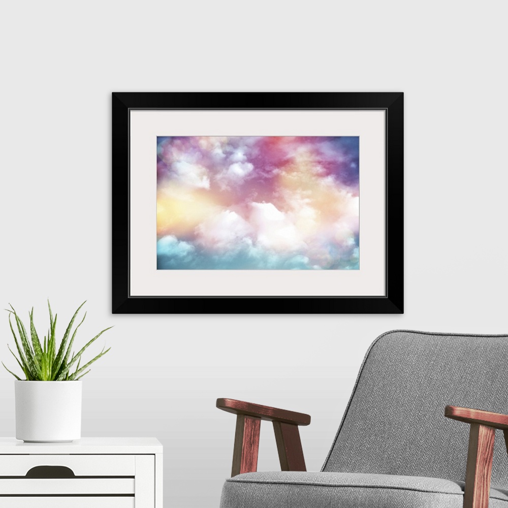 A modern room featuring Colorful clouds with lens flare.