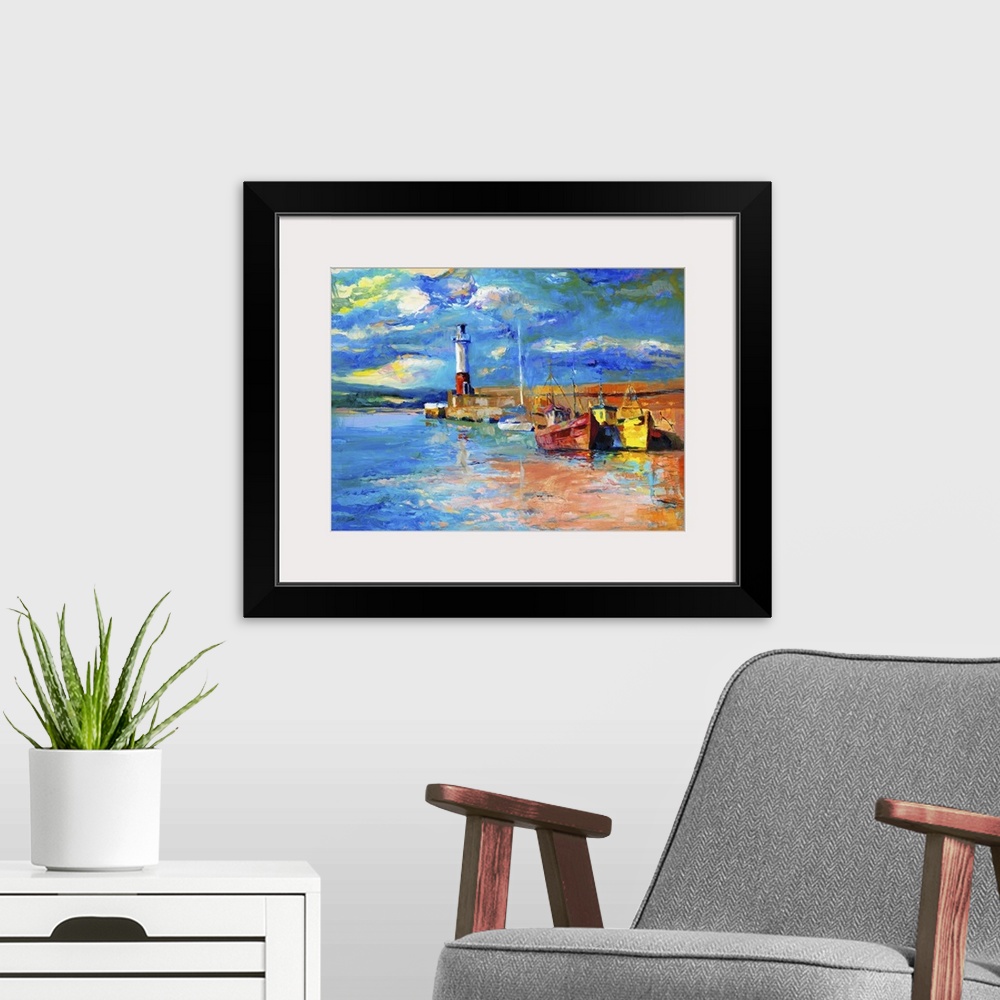 A modern room featuring Originally an oil painting of lighthouse and boats on canvas. Rich golden sunset over ocean. Mode...