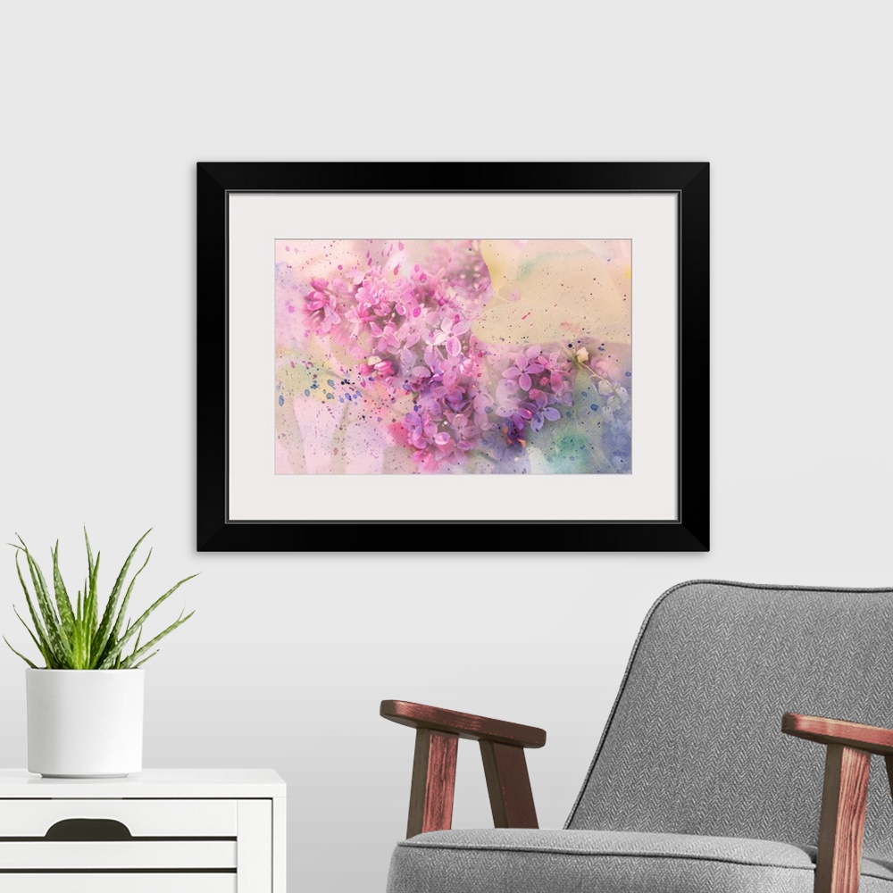 A modern room featuring Twig of lilac flowers and watercolor splashes.