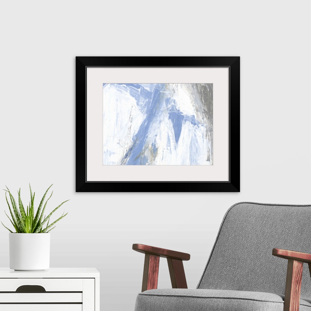 A modern room featuring A contemporary abstract painting using pale blue and white tones in bold aggressive strokes.