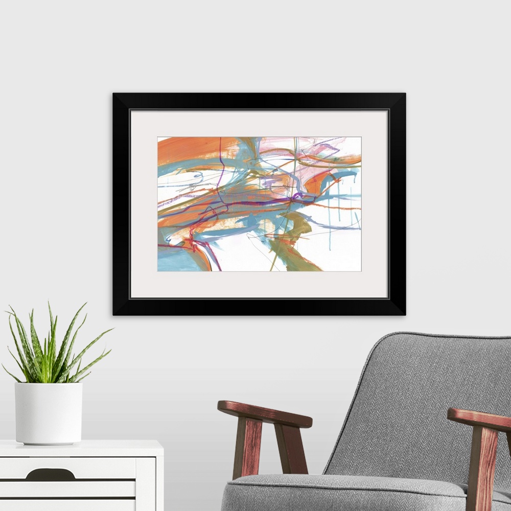 A modern room featuring A contemporary abstract painting using a variety of colors with orange being the strongest one in...