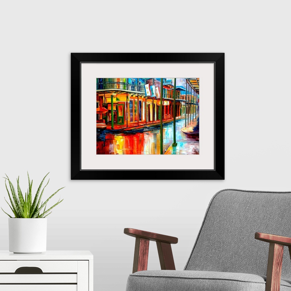 A modern room featuring Boldly colored contemporary painting of historic park in French Quarter of New Orleans.  Shops li...