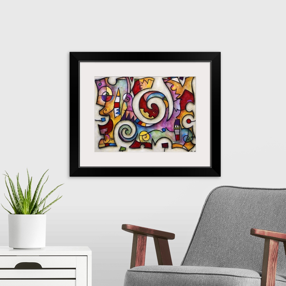 A modern room featuring Contemporary abstract painting of colorful puzzle-like collage resembling stained glass.