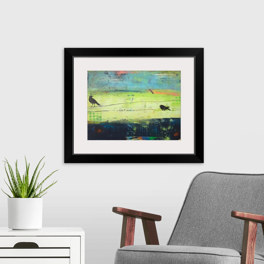 A modern room featuring Abstract painting in green, blue, pink, and orange with two horizontal lines scratched through th...