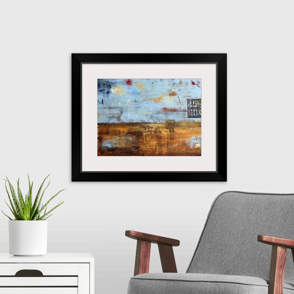 A modern room featuring A textured contemporary abstract painting with sky blue tones and different shades of brown and o...
