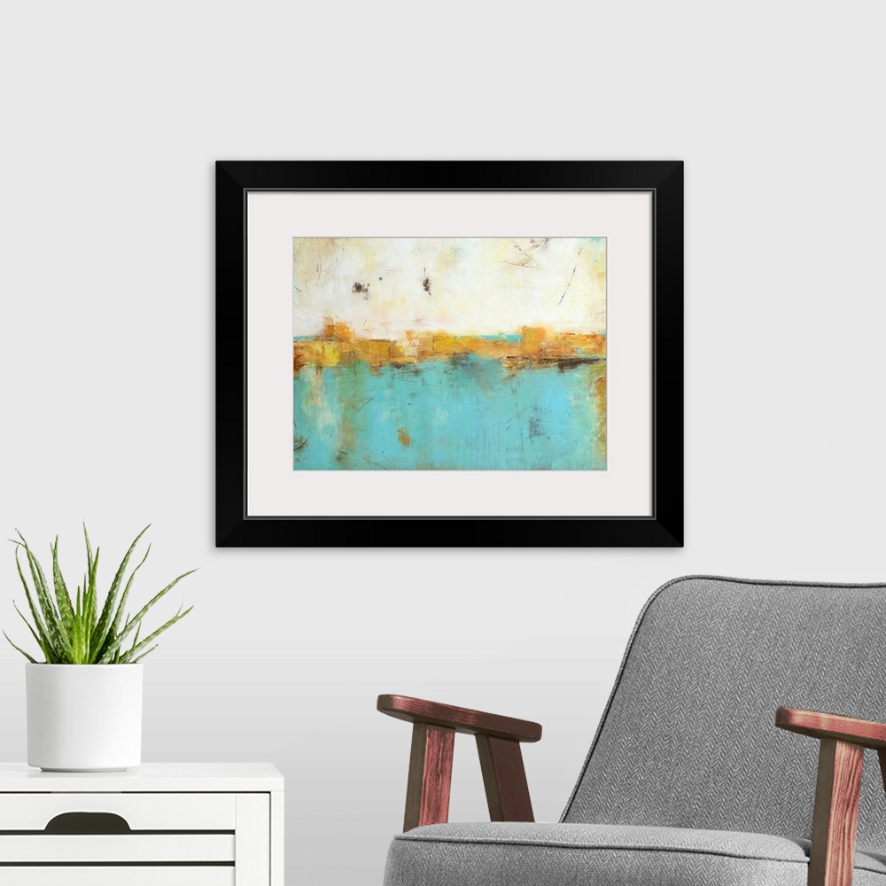 A modern room featuring A contemporary abstract painting that starts with a warm tone at the top and moves down to a cool...