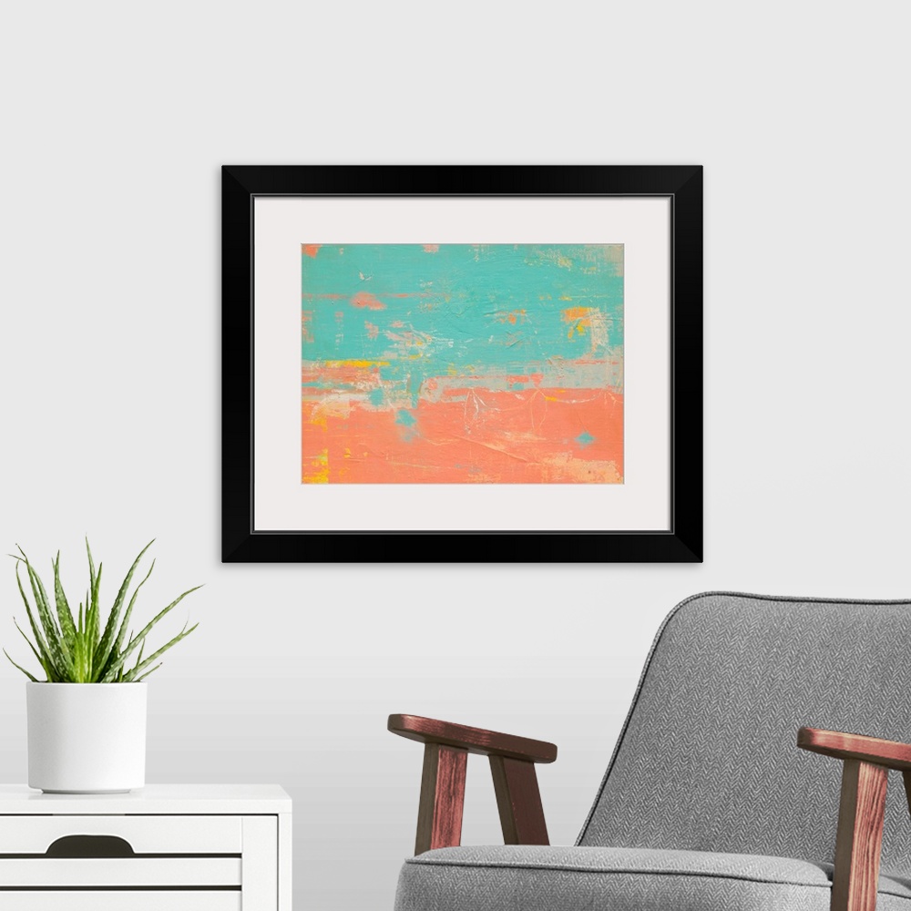 A modern room featuring Warm blue and salmon pink colored abstract painting with pops of yellow and orange.