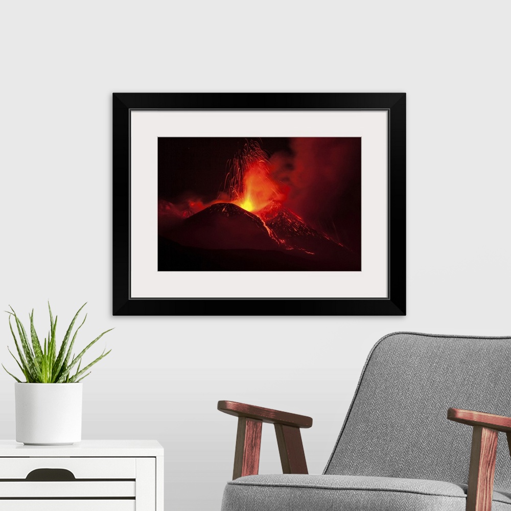 A modern room featuring Italy, Sicily, Catania district, Mount Etna, Strombolian activity at the Southeast Crater, a smal...