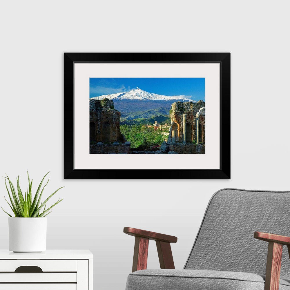 A modern room featuring Italy, Sicily, Ionian Coast, Taormina, Greek theatre and Mount Etna in background