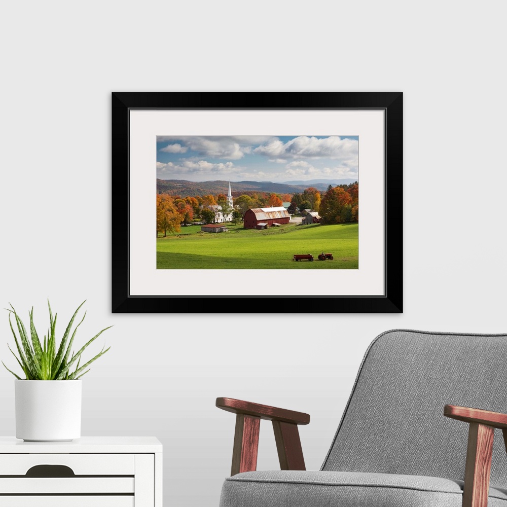 A modern room featuring USA, Vermont, Peacham, New England, Tractor passing the village in the fall.