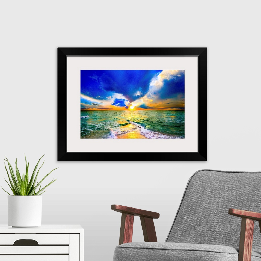 A modern room featuring This is a colorful sunset over ocean landscape. A seascape with green waves on the shore before a...