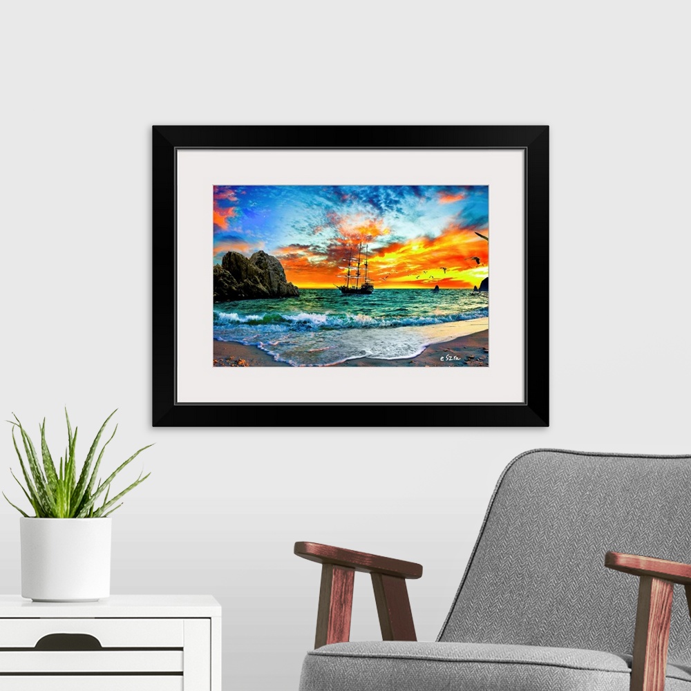 A modern room featuring Fantasy art featuring a pirate ship sailing into the sunset in Cabo San Lucas.