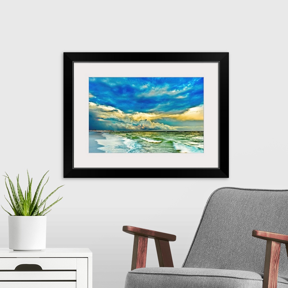 A modern room featuring A blue and green painted looking seascape with blue clouds and waves breaking in emerald green wa...