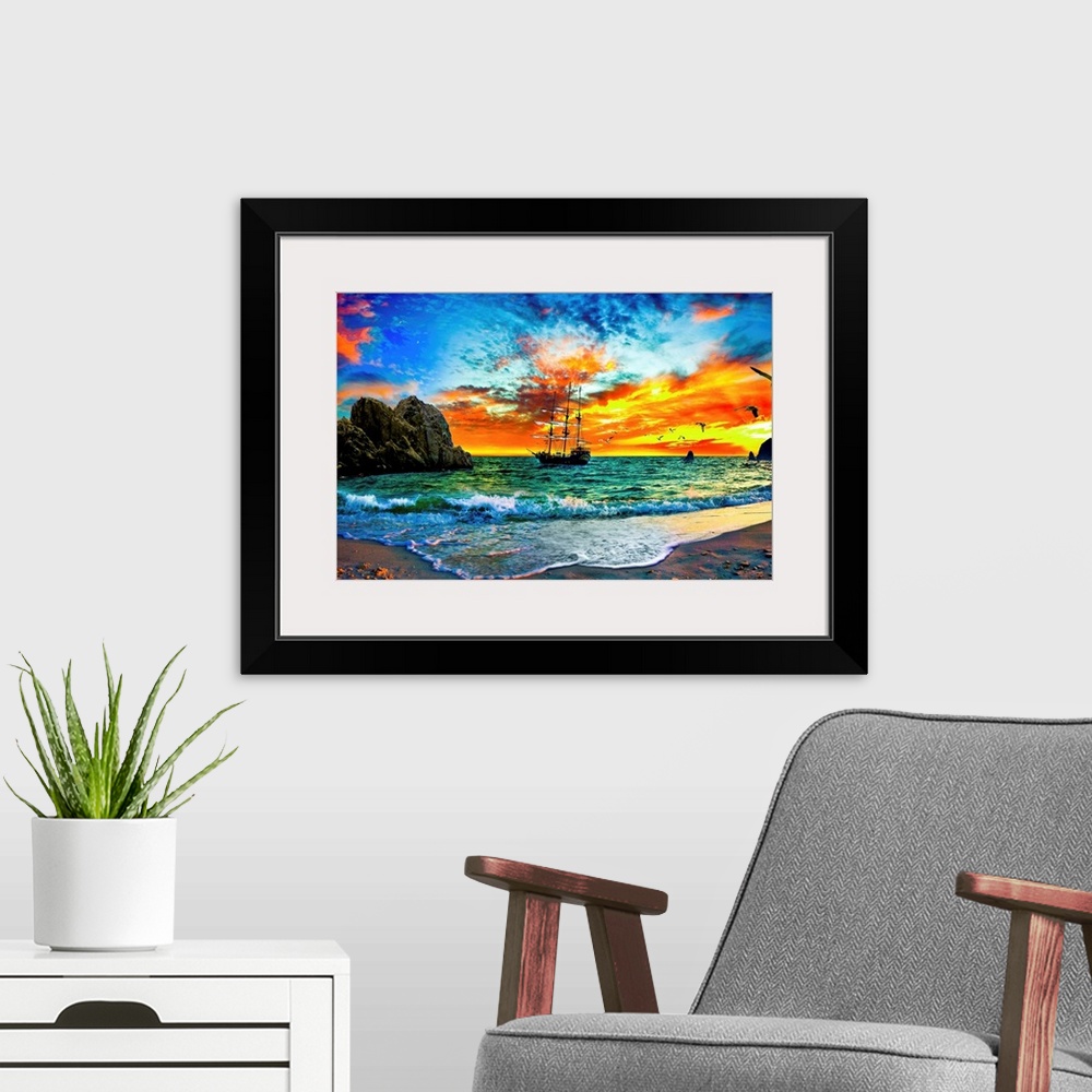 A modern room featuring A pirate ship sailing into the sunset behind rocky cliffs. This makes a great print for any pirat...
