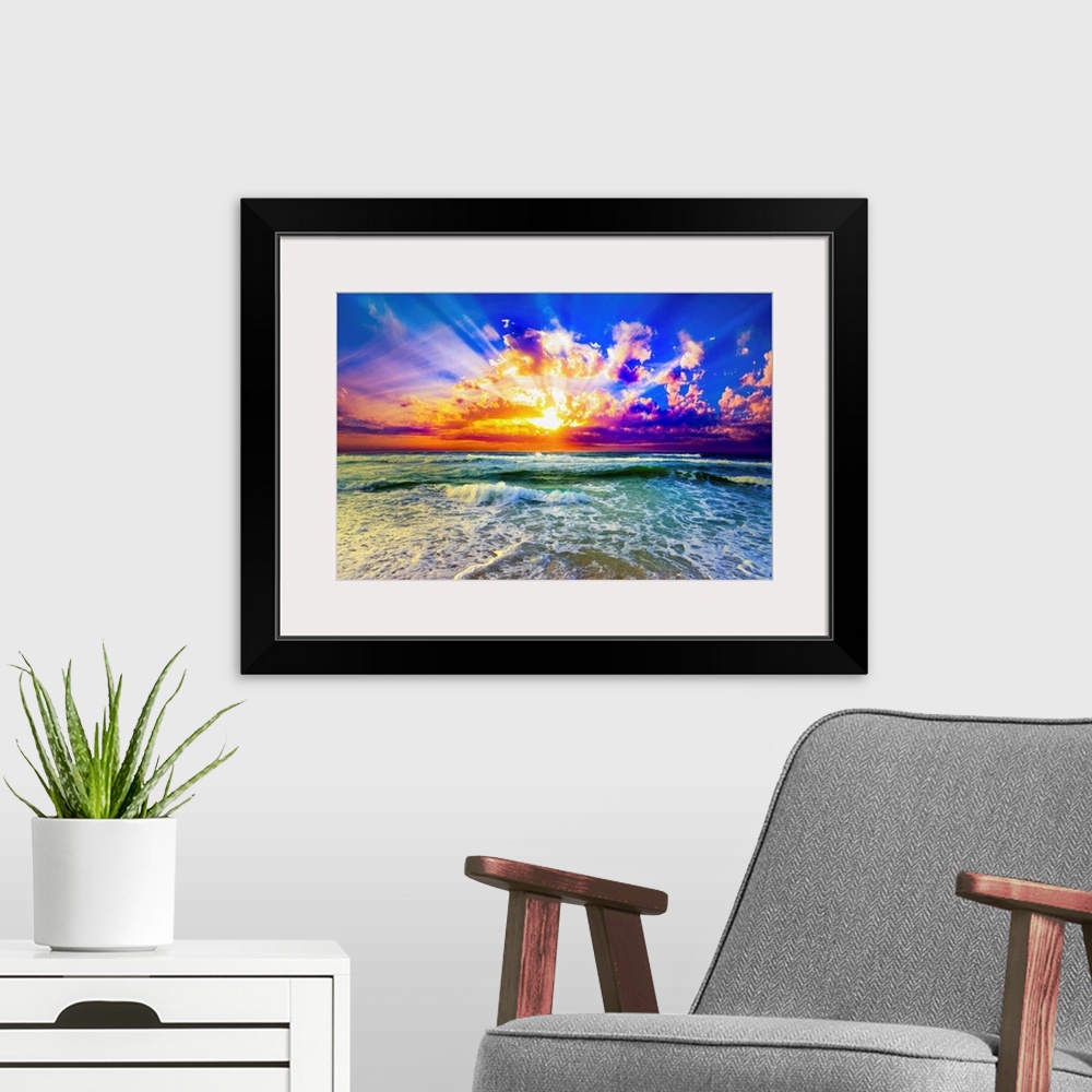 A modern room featuring A purple and blue sunset over a green sea. The reflection of the orange, purple and blue sunset h...