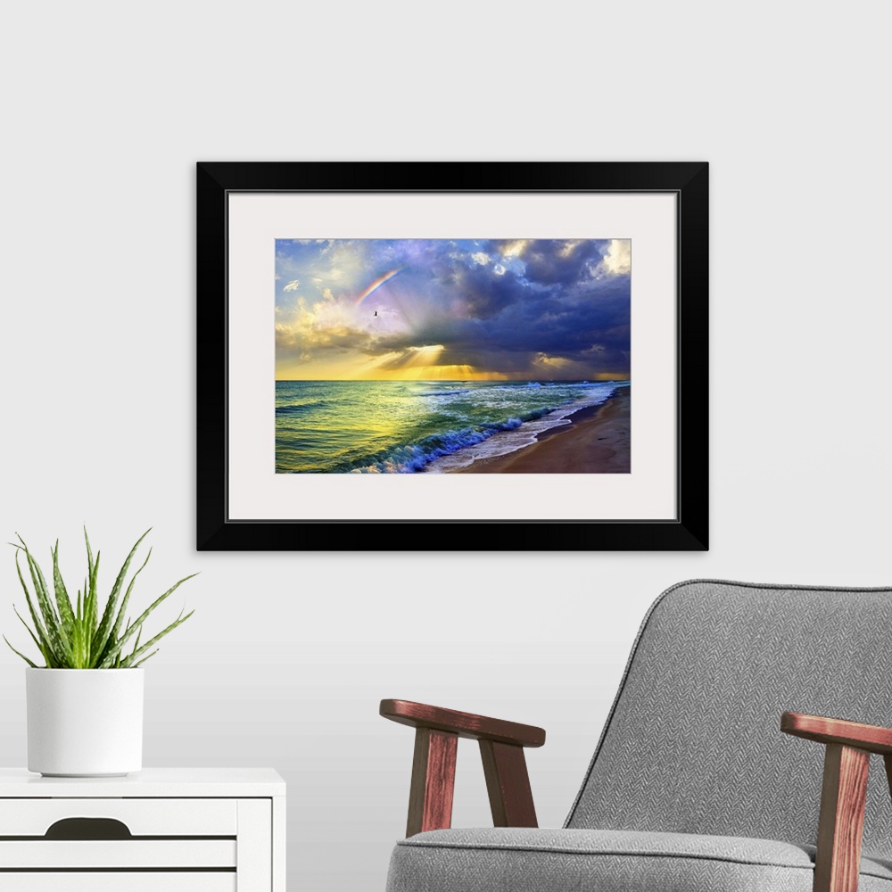 A modern room featuring A rainbow seascape of green and blue sea and golden sun rays. Landscape taken near Navarre Beach,...