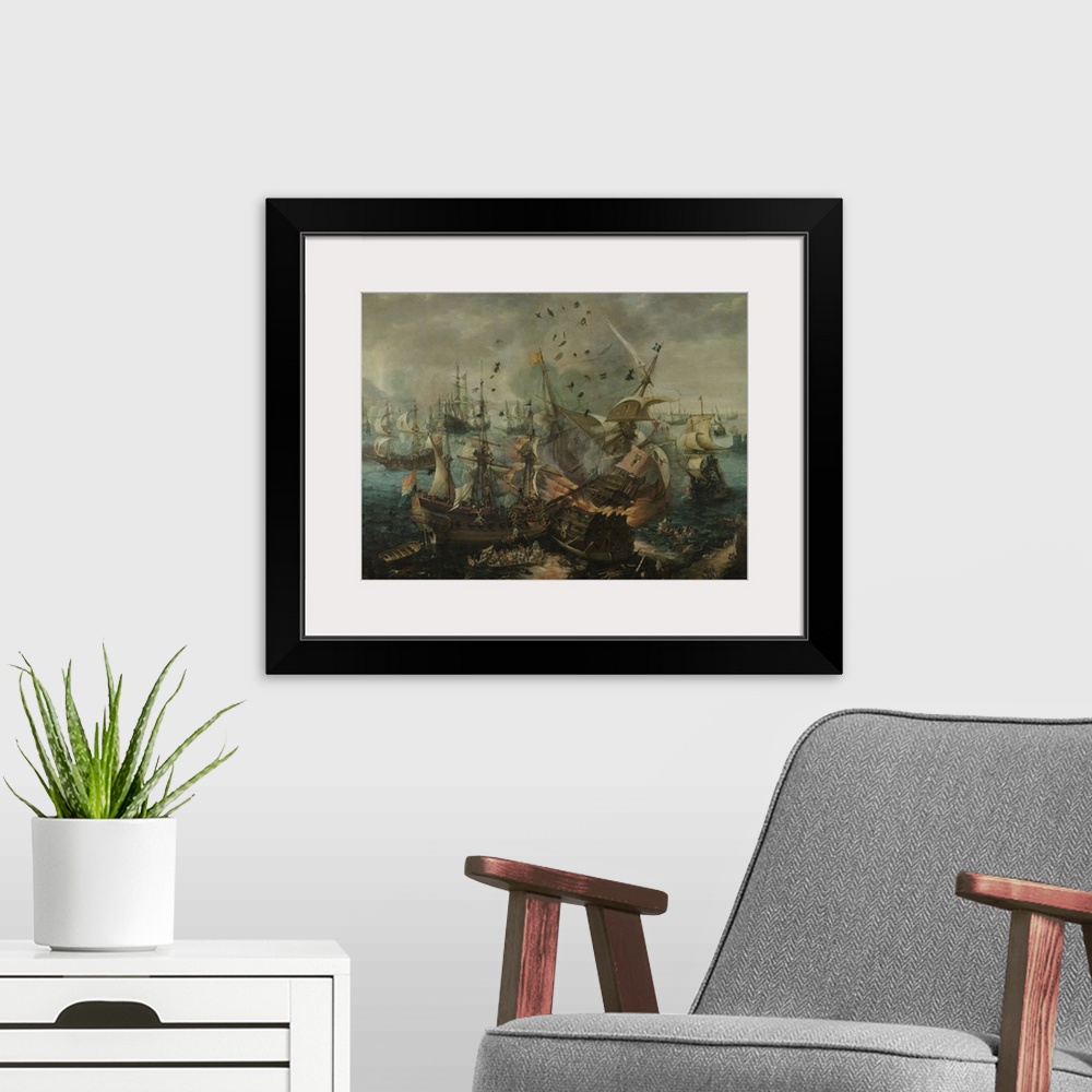 A modern room featuring The Explosion of the Spanish Flagship during the Battle of Gibraltar, by Cornelis Van Wieringen, ...