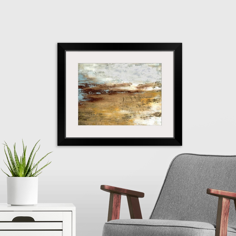 A modern room featuring Abstract contemporary painting in gold and grey, resembling a landscape at sunset.