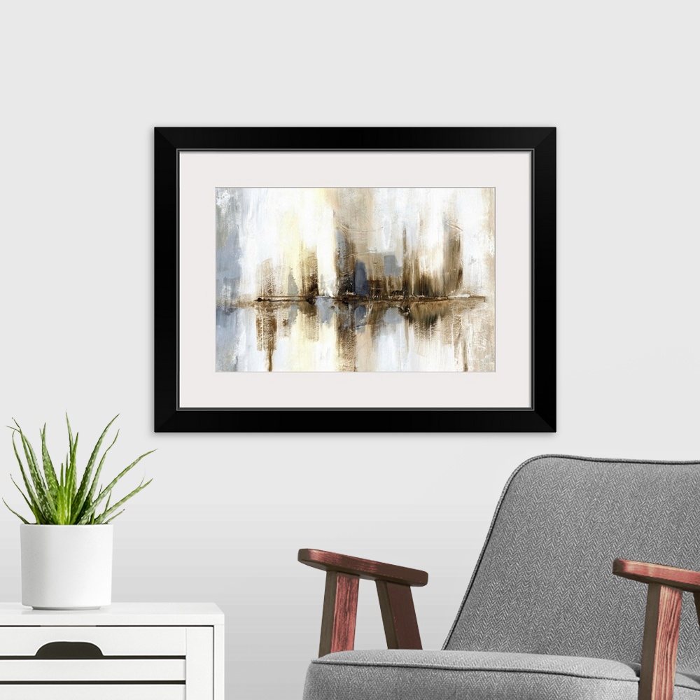 A modern room featuring Abstract painting of vertical brush strokes depicting the artist's interpretation of harbor lights.
