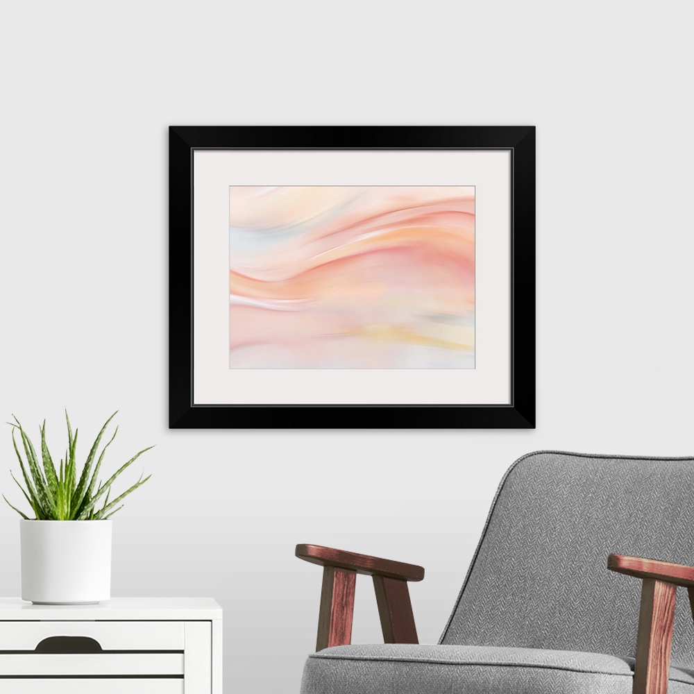 A modern room featuring Large abstract painting with pastel hues and flowing movement from left to right across the canvas.