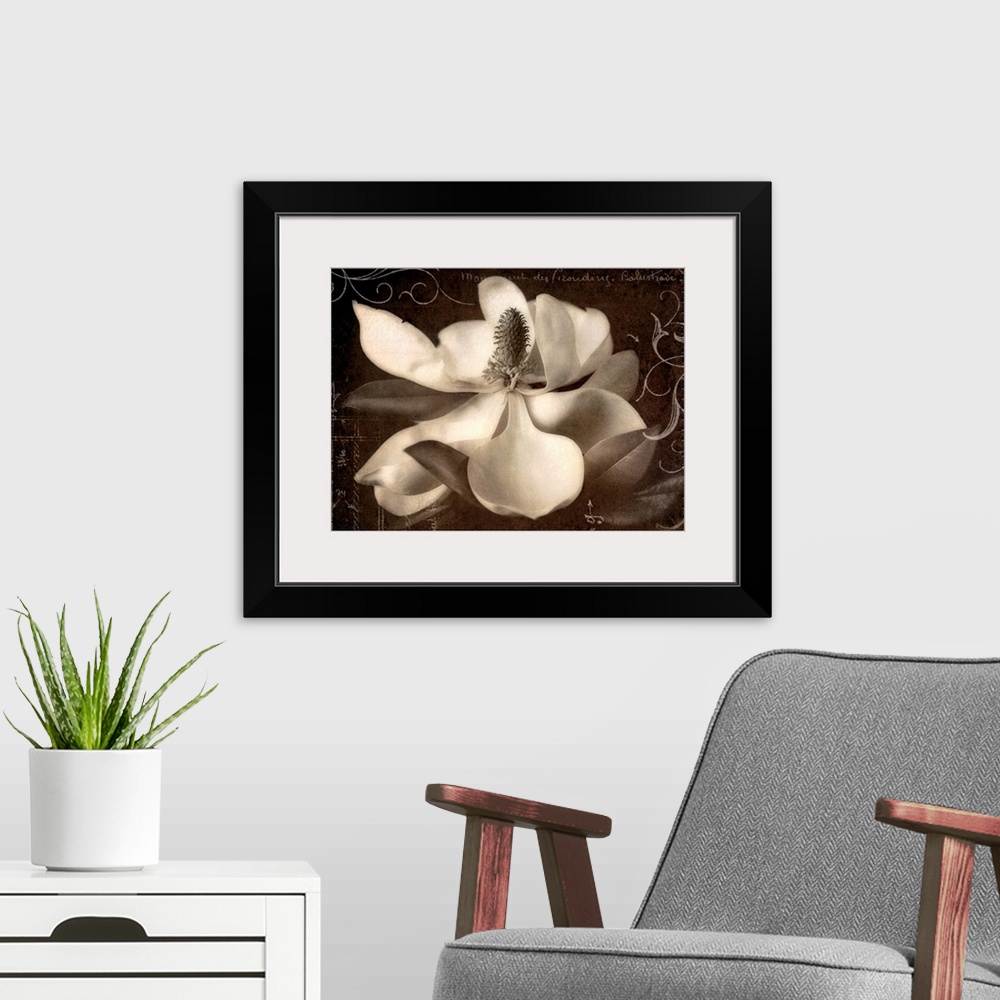 A modern room featuring This decorative accent is a collage created with decorative embellishments laid over a magnolia b...