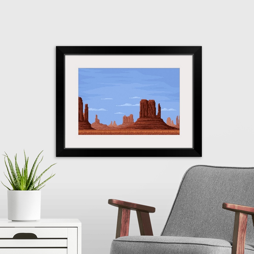 A modern room featuring 8-Bit Pixel Desert Valley With Canyon Rocks Under Clouds