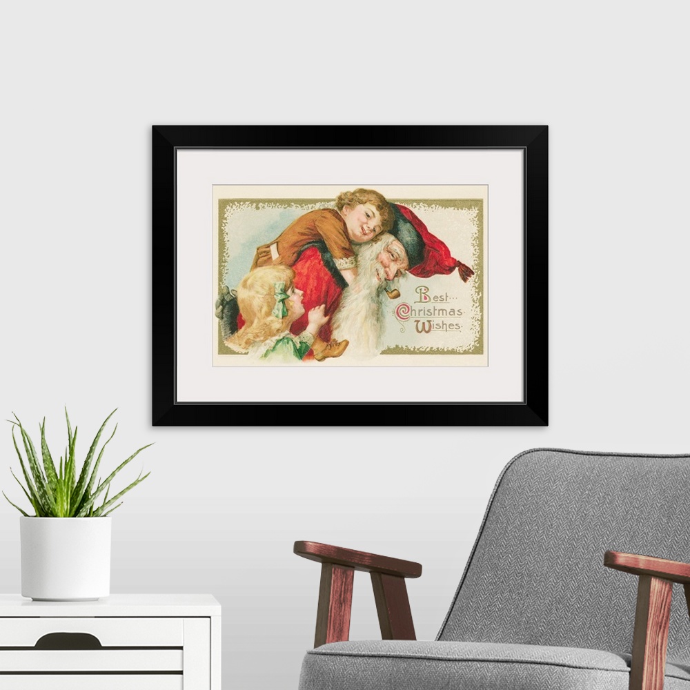 A modern room featuring Best Christmas Wishes Postcard With Santa Claus And Children