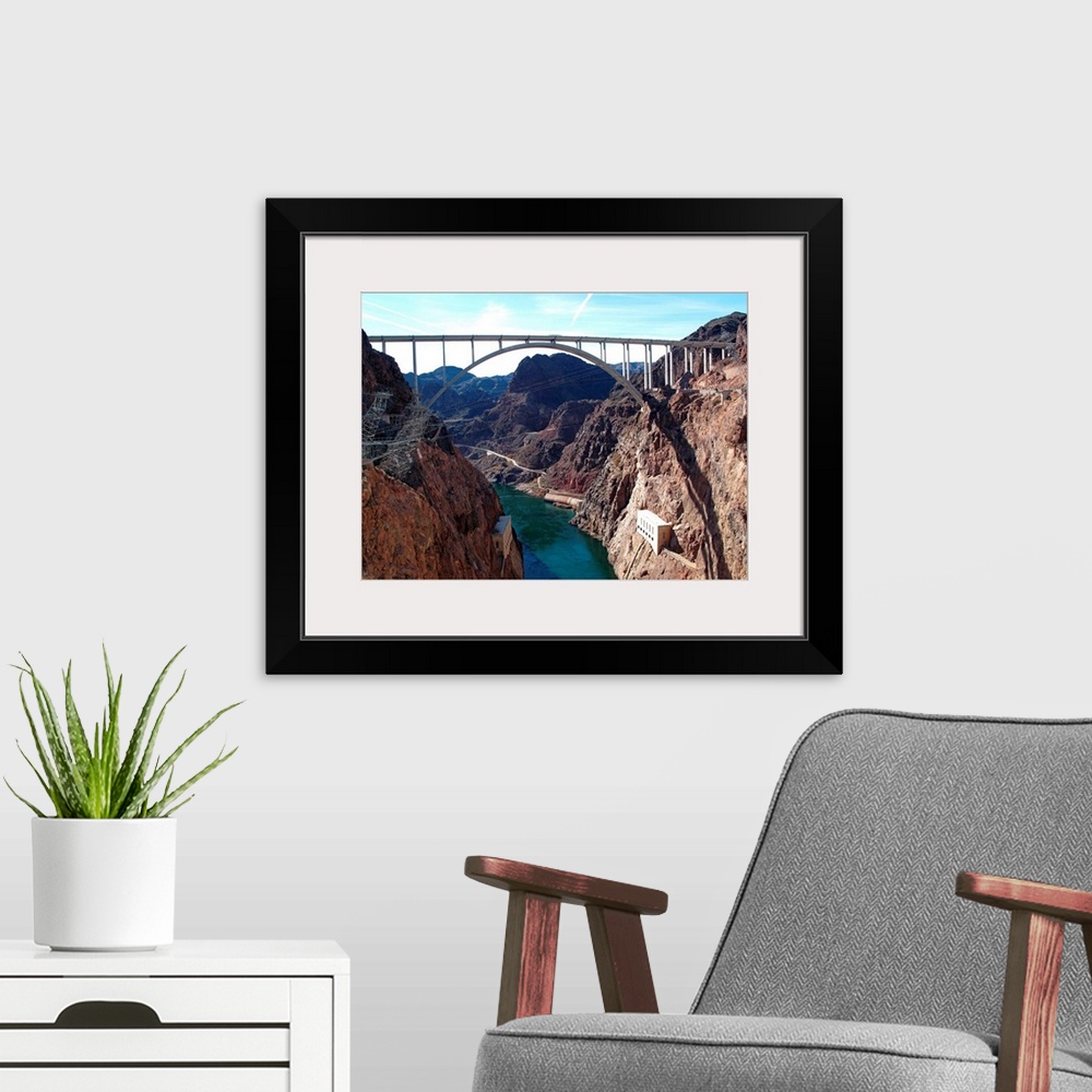 A modern room featuring View of bridge behind Hoover Dam.