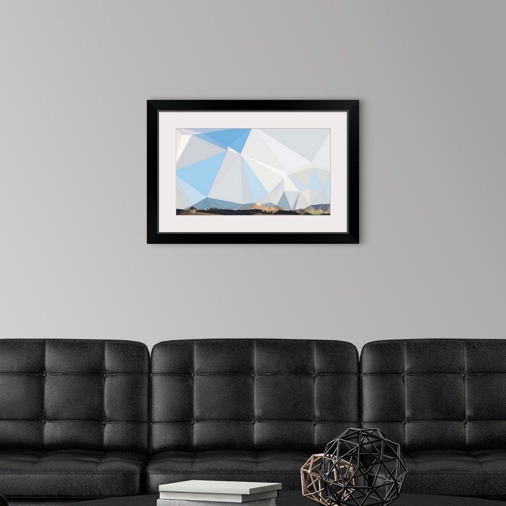 A modern room featuring Mountain range under a blue sky made of triangular shapes.