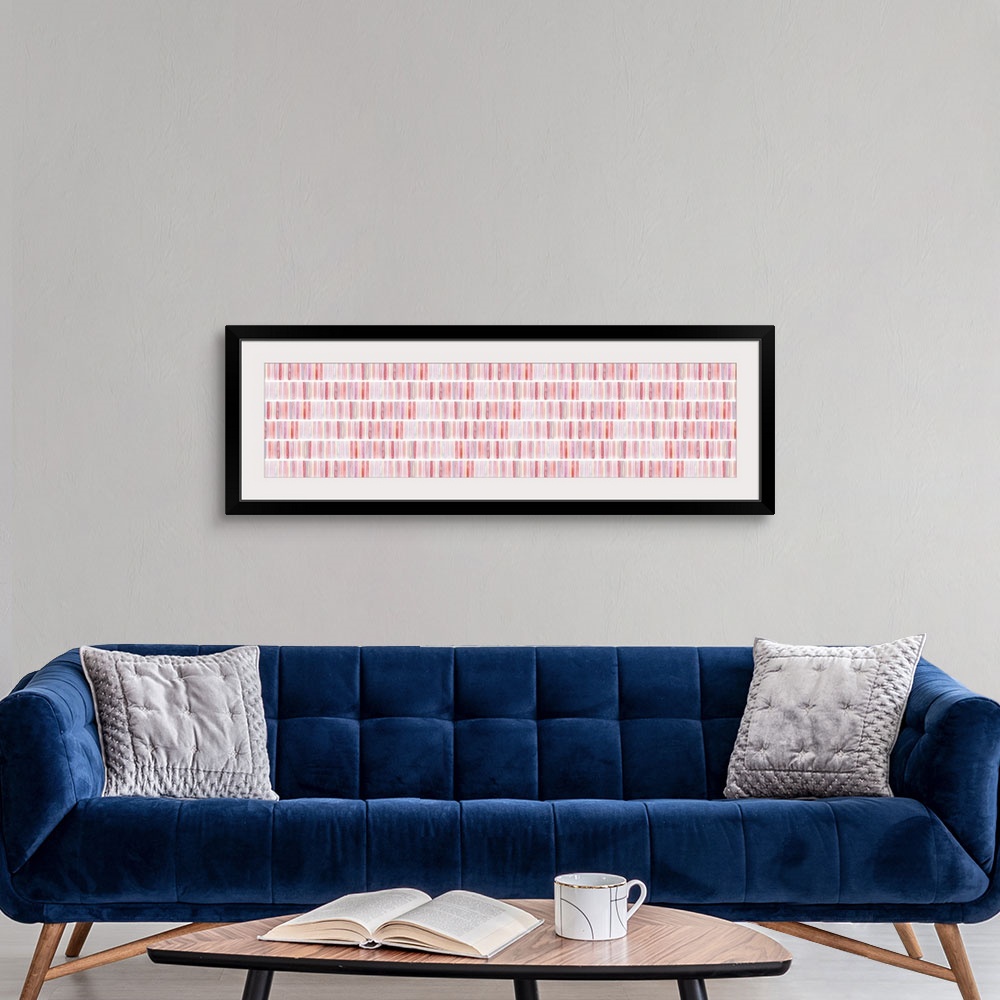 A modern room featuring Large panoramic abstract watercolor painting with geometric patterns in shades of red, pink, purp...