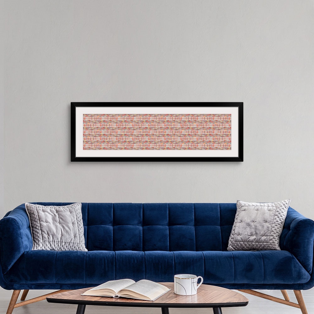 A modern room featuring Large panoramic abstract watercolor painting with geometric patterns in shades of red, orange, an...
