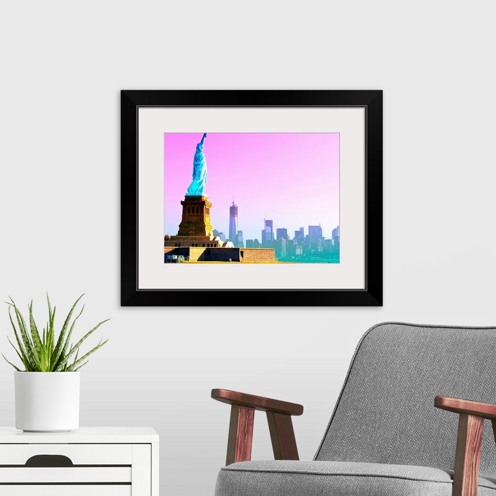 A modern room featuring Vividly colored photograph of the Statue of Liberty and New York skyline.