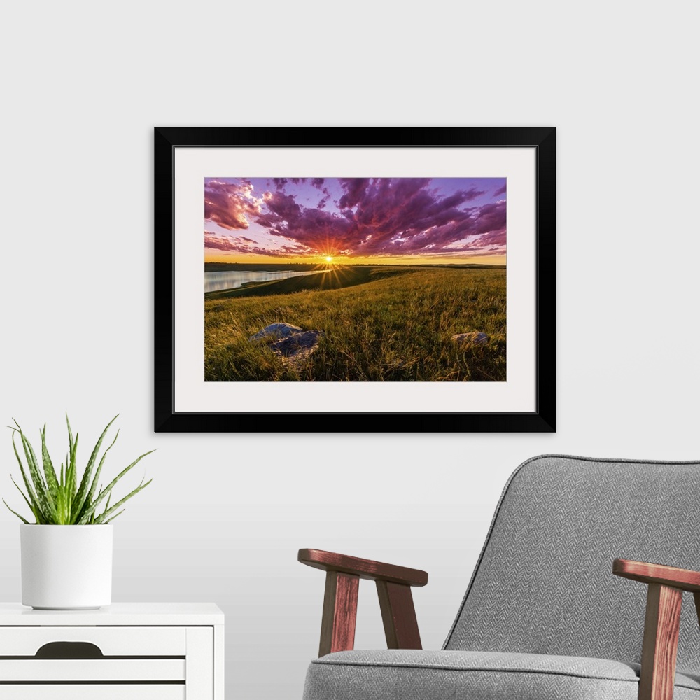 A modern room featuring Sunset over South Dakota's Lake Oahe is spectacular, with clouds turned crimson and beautiful lig...