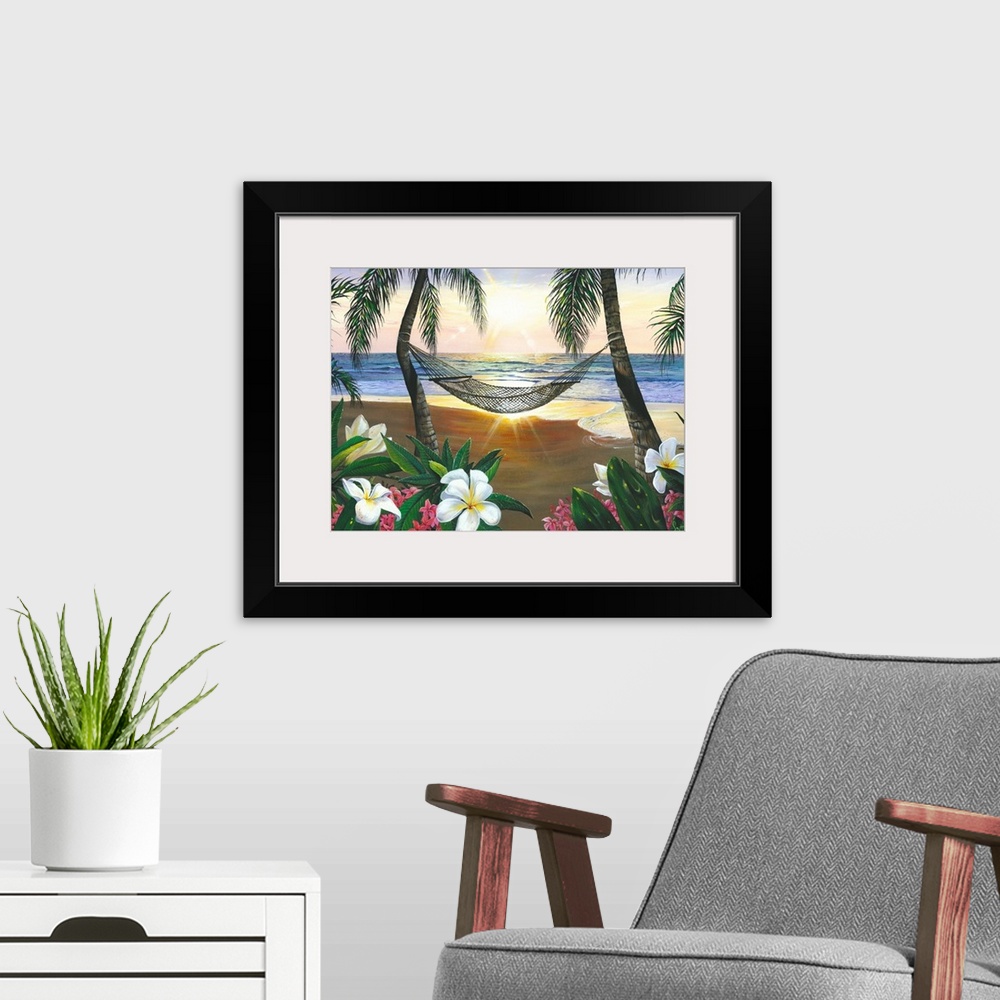 A modern room featuring This is a landscape painting of plumeria blossoms, a hammock hanging between two palm trees, and ...