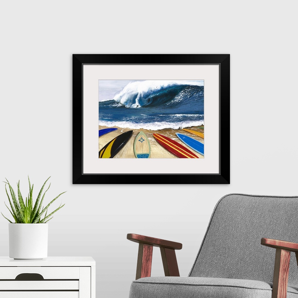 A modern room featuring Large painting of surfboards laying on a beach with a surfer riding a big wave in the distnace.