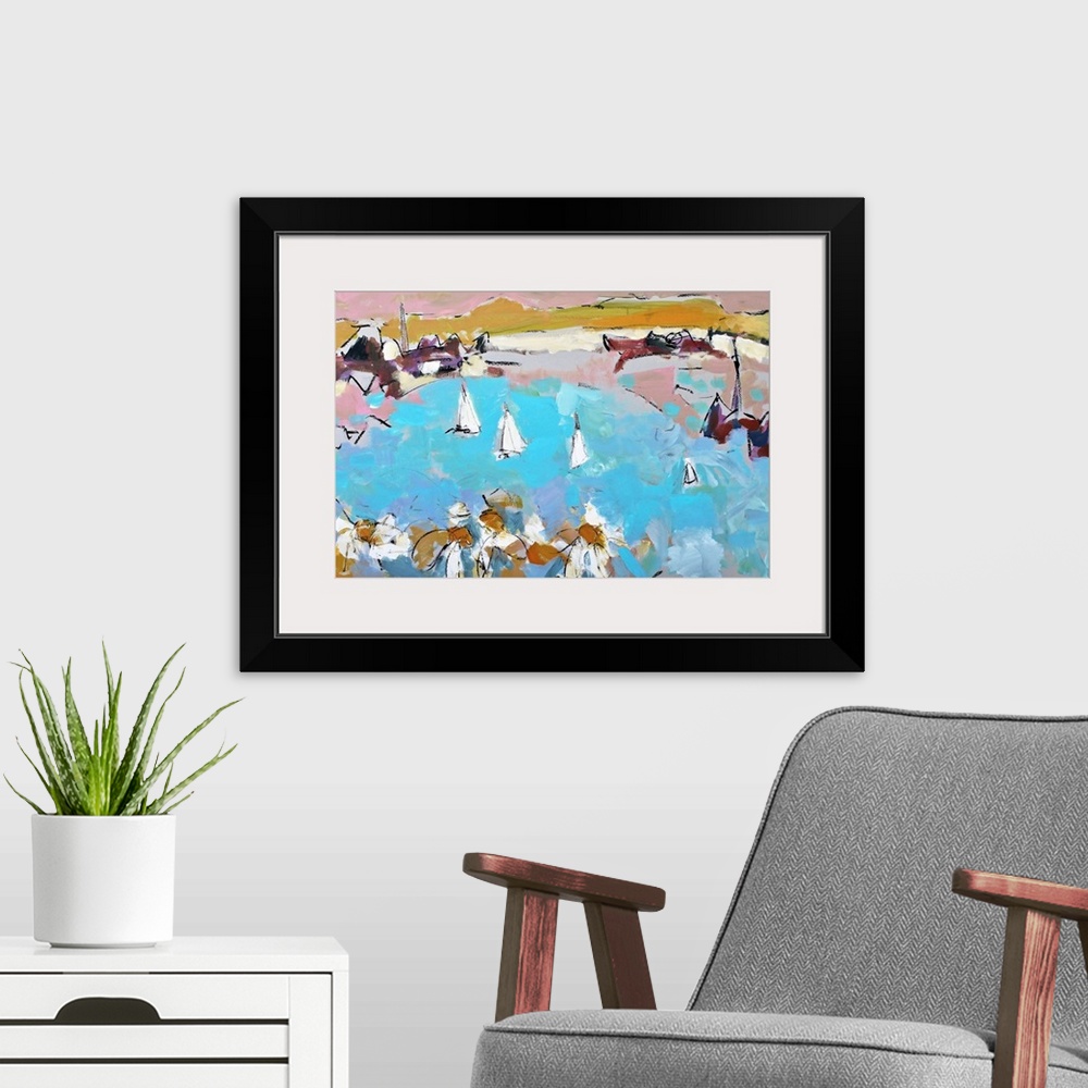 A modern room featuring A very chunky contemporary abstract painting, resembling white flowers in front of a bay with sai...