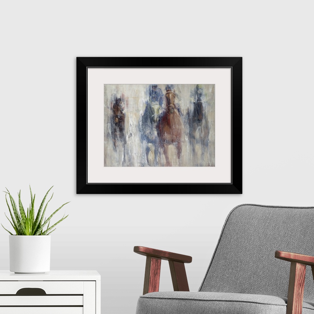 A modern room featuring A contemporary painting of a horse derby, with the impression of the horses advancing toward you.