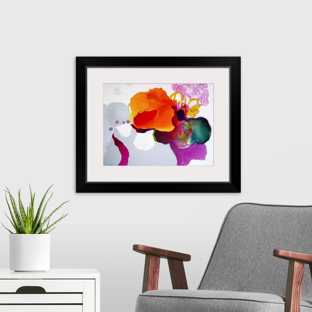 A modern room featuring Contemporary abstract painting in bright orange and purple and light gray on white background.