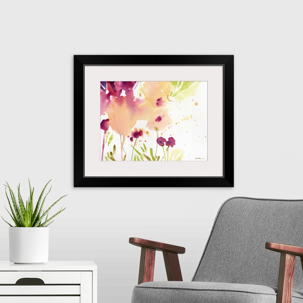 A modern room featuring Contemporary watercolor painting of maroon and muted yellow flowers.