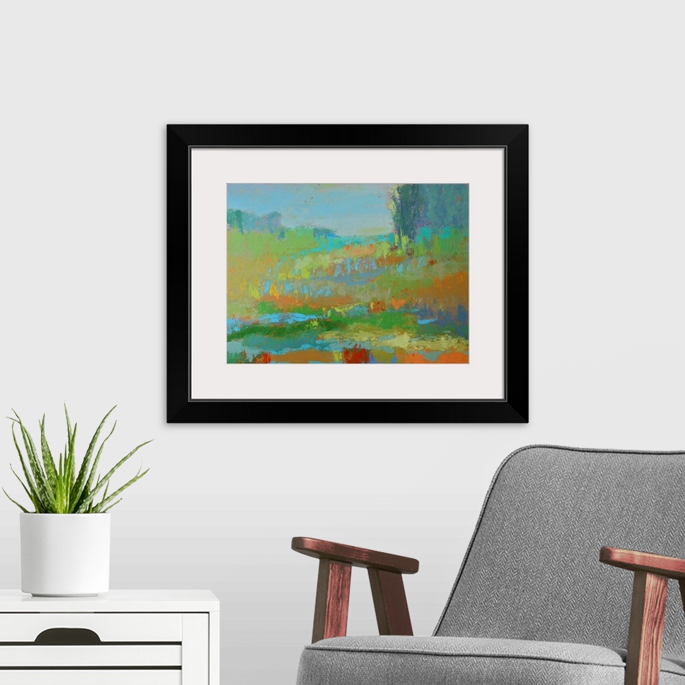 A modern room featuring A contemporary abstract painting using vibrant colors resembling a countryside landscape.
