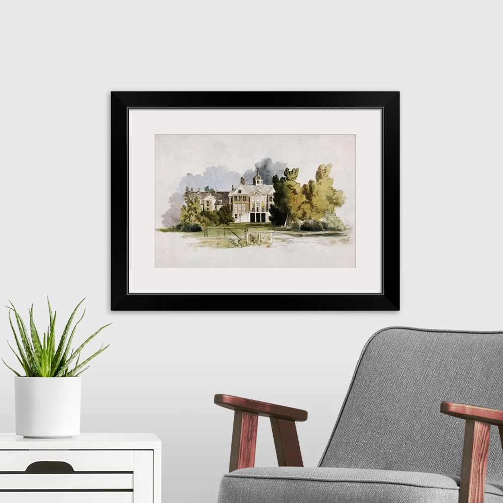 A modern room featuring A quaint forested estate in the country done in watercolor.