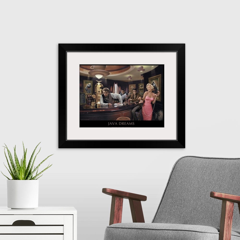 A modern room featuring Painting of Marilyn Monroe in a coffee shop with James Dean as a barista.