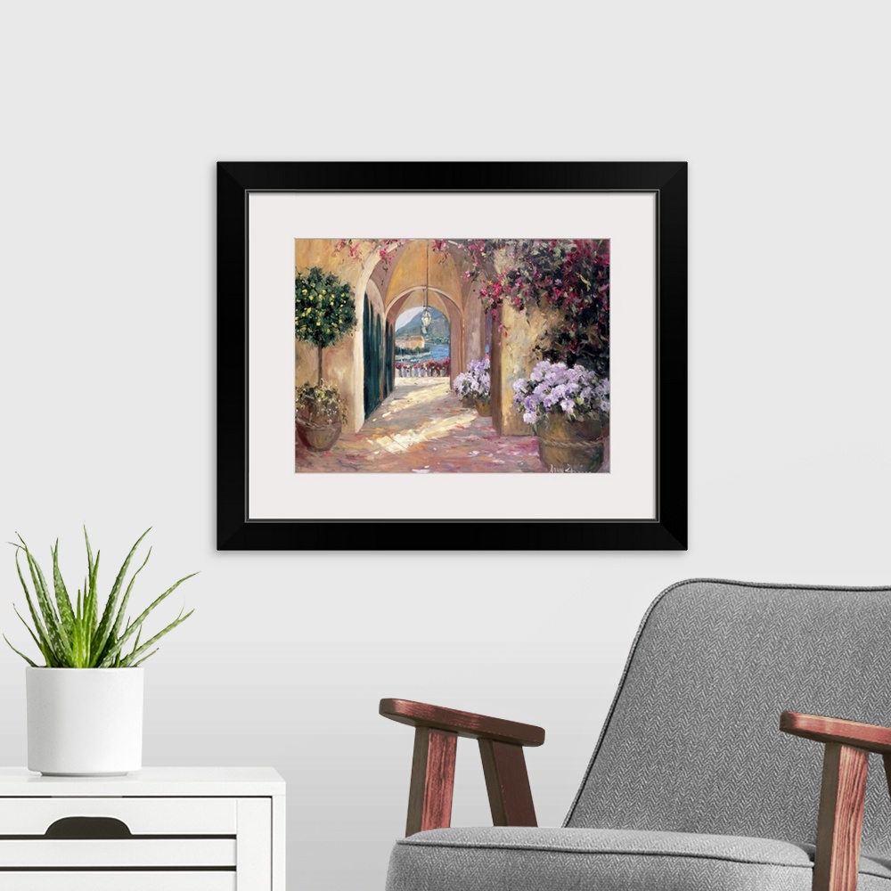 A modern room featuring Fine art oil painting landscape of a seaside walk with flowering plants with a beautiful sparklin...
