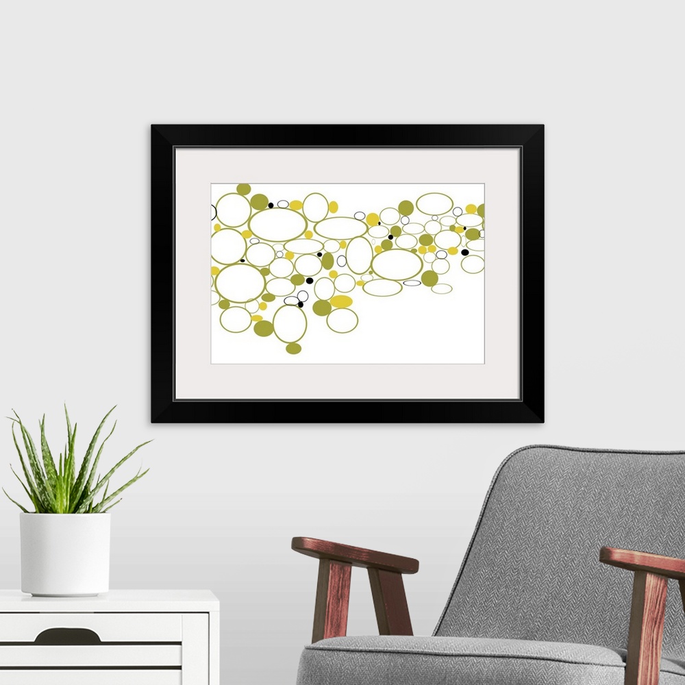 A modern room featuring A digitally created piece with a nature theme of a dry creek bed with calm citrus tones. This pie...