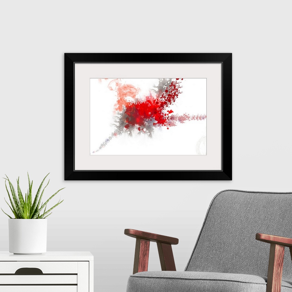 A modern room featuring Digital abstract wall art with exploding warm splotches on a blank background.